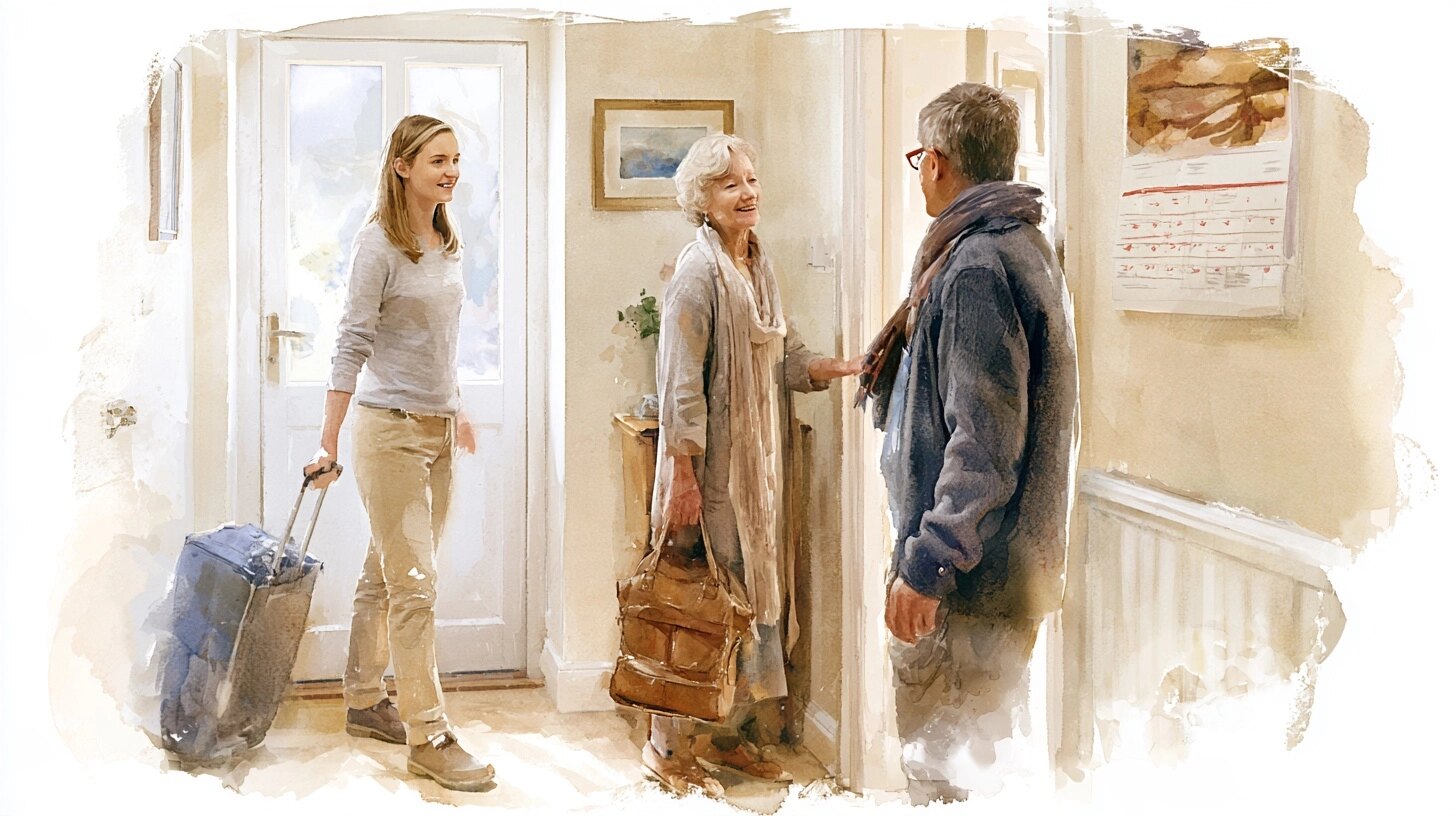 A live-in carer arrives with a small suitcase and is welcomed by an older woman and her son