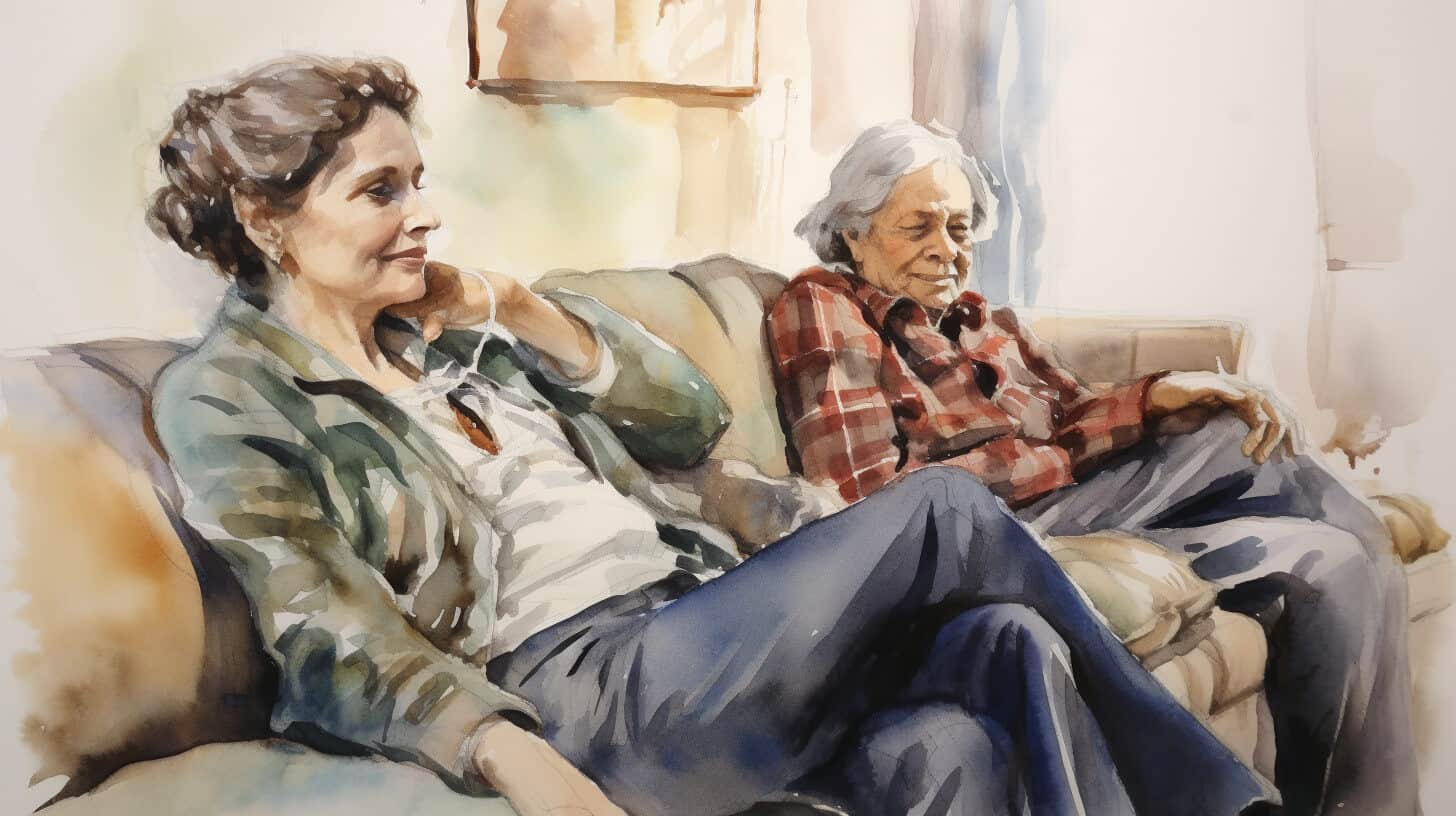 An older woman sitting on a sofa next to a woman who could be her daughter or her carer, both looking away from each other