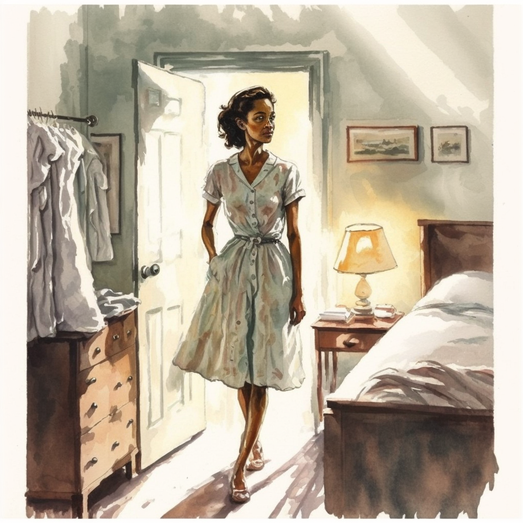A carer standing in the doorway of her bedroom in the evening, with a wardrobe, a chest of drawers and a bedside lamp lit behind her