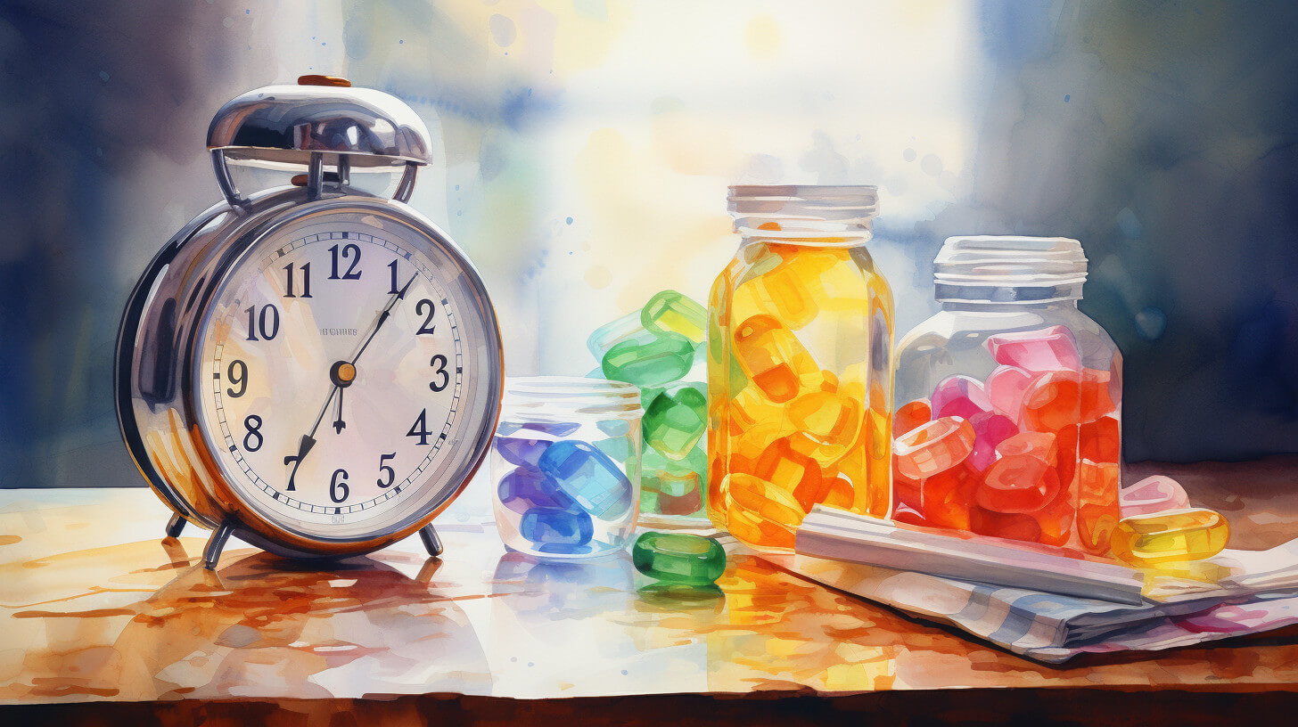 An alarm clock beside open jars of coloured tablets and capsules on a table, standing in for medicine timed through the day