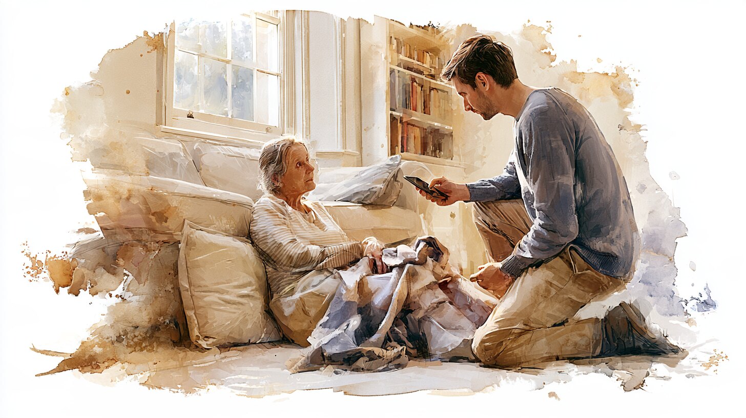An older woman sitting on the living room carpet after a fall, a cushion behind her, while her son kneels beside her with a phone