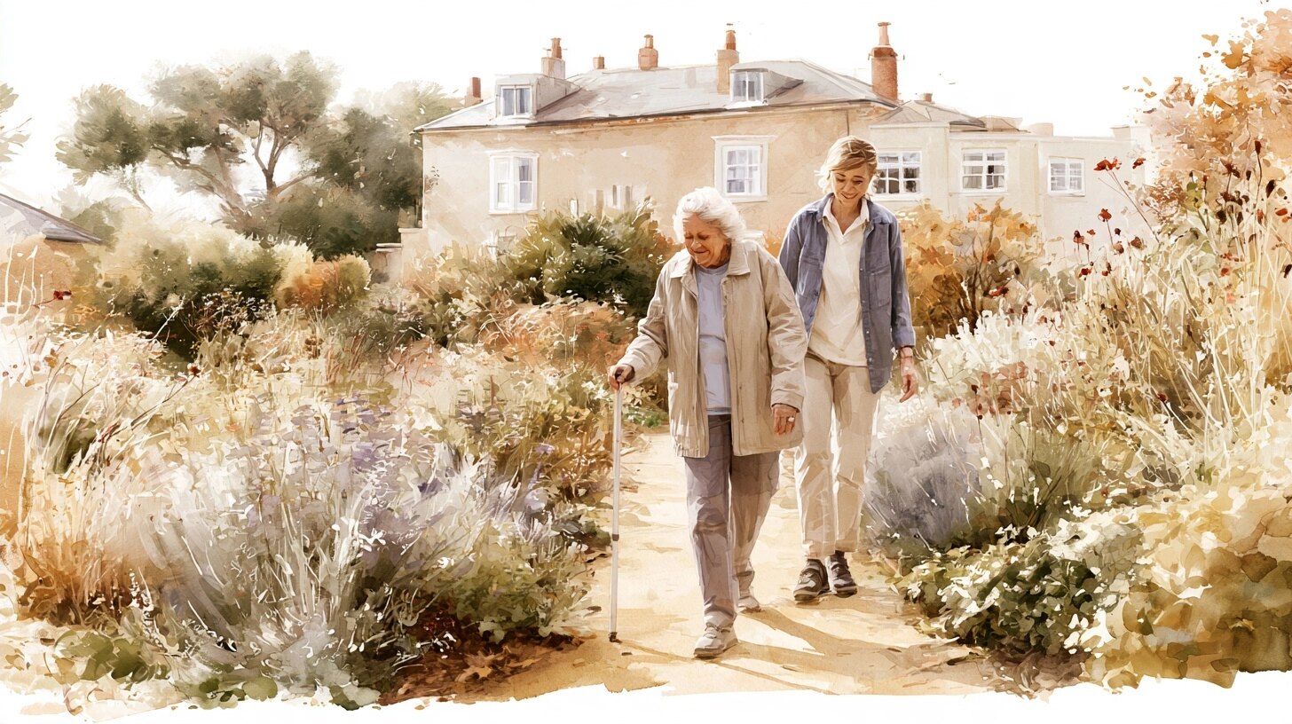 An elderly woman taking a careful step with a stick while a carer walks beside her, on a garden path