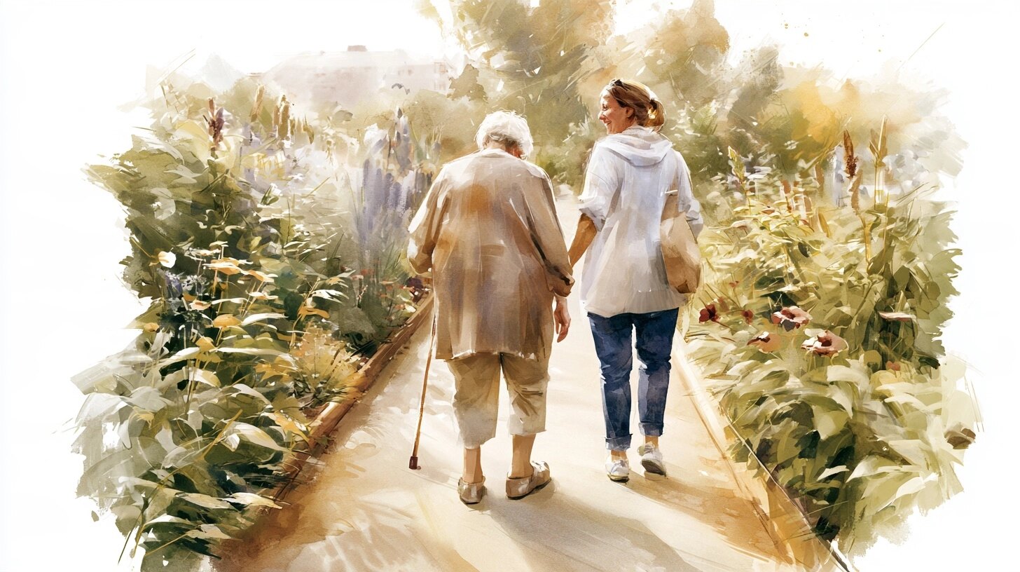 An elderly woman walking carefully in sensible shoes with her daughter beside her, on a garden path