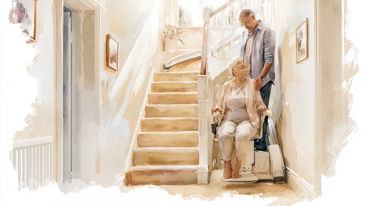 An elderly woman seated at the bottom and her son standing beside it, in a hallway staircase with a stairlift