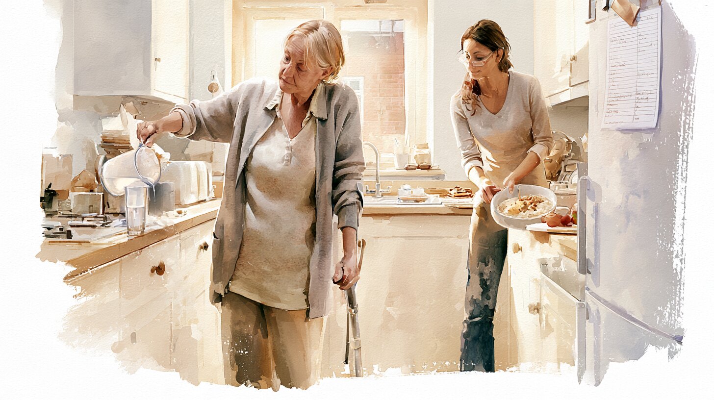 A woman with a walking stick pouring a glass of water in her kitchen while a carer sets down porridge and fruit, a daily routine pinned to the fridge