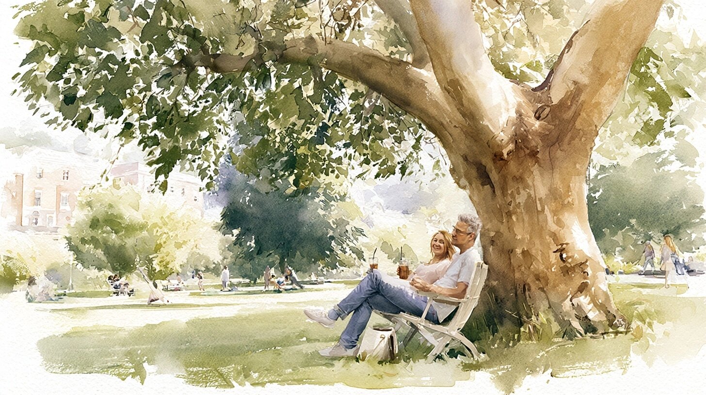 A woman in her forties resting in a chair under a tree with a cold drink, her partner nearby, in a shaded garden