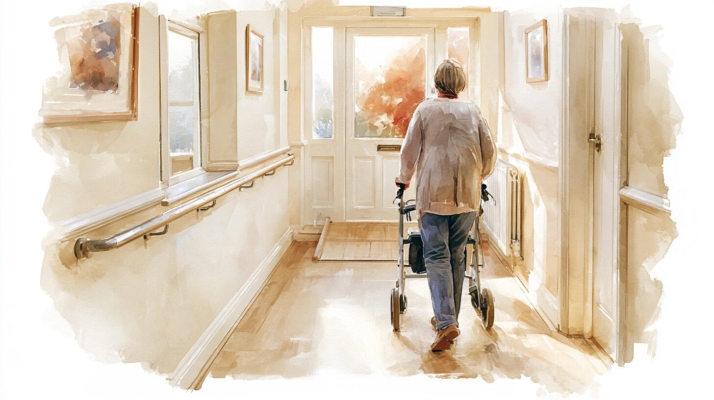 A woman in her forties walking with a rollator past a new grab rail, a ramp at the front door, in a hallway