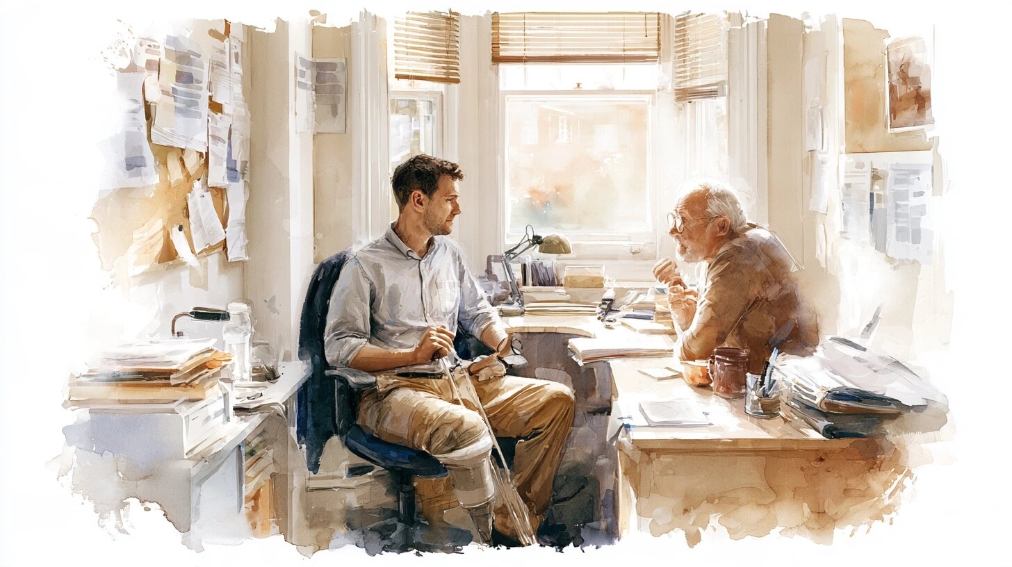 A man in his thirties with a walking stick at his desk talking with a colleague, in a small office