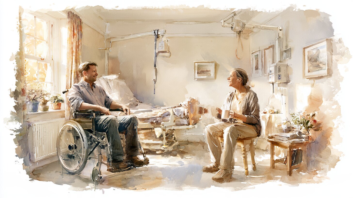 A man in a wheelchair in a ground-floor bedroom with a hoist track overhead, a carer sitting across from him with a mug of tea
