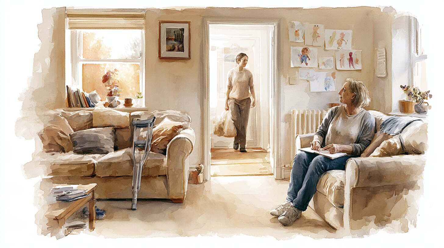 A woman in her forties on her sofa with a notepad, an elbow crutch nearby, as a carer arrives through the doorway