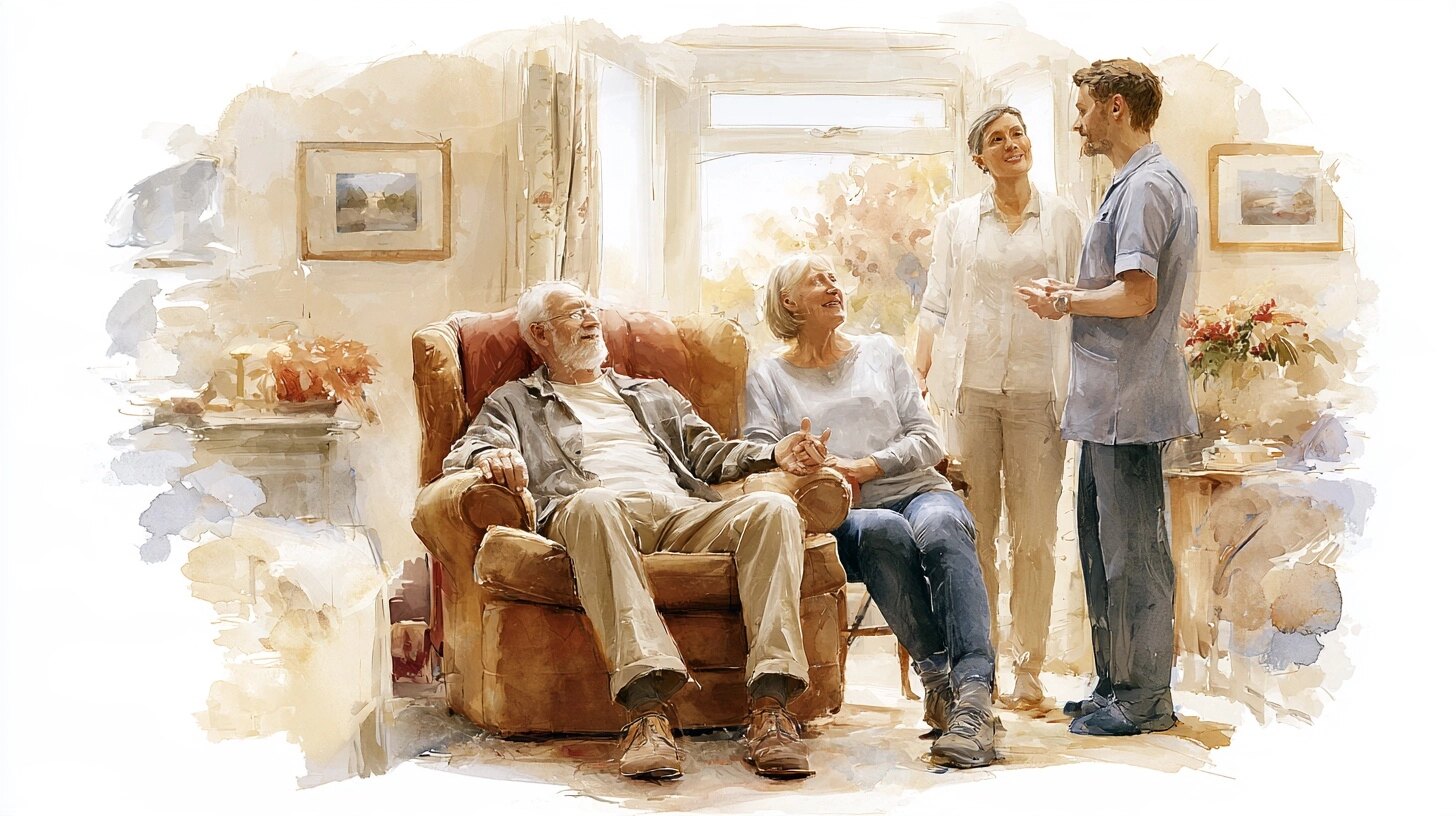 An elderly man resting in his armchair after hospital, his wife and a nurse talking beside him, in a sitting room