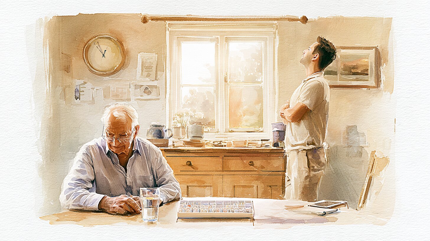 An older man at the table with a glass of water and a weekly pill organiser while a carer looks up at the clock