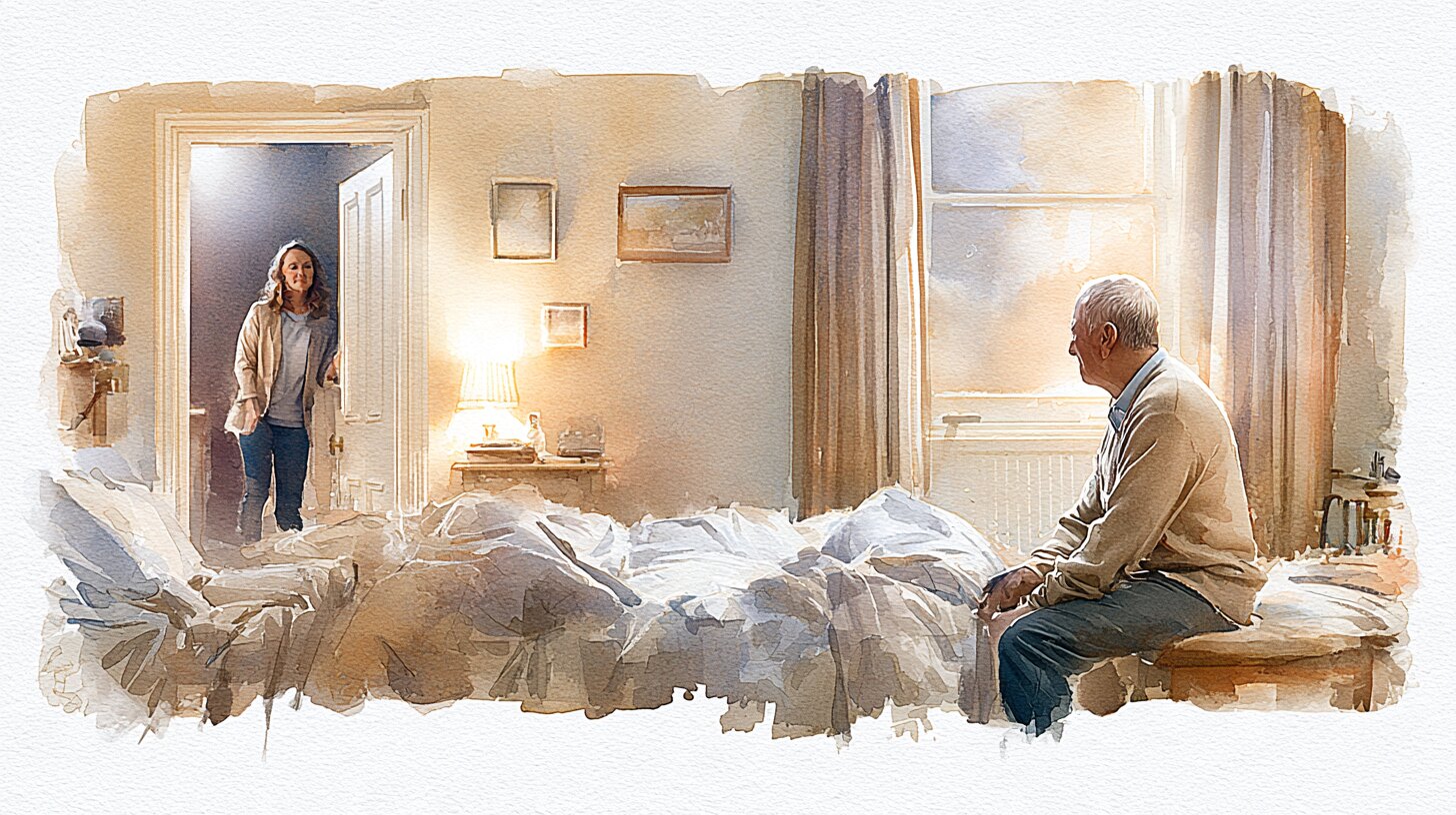 An older man sitting on the edge of his bed at night, a bedside lamp lit, while a carer waits in the doorway