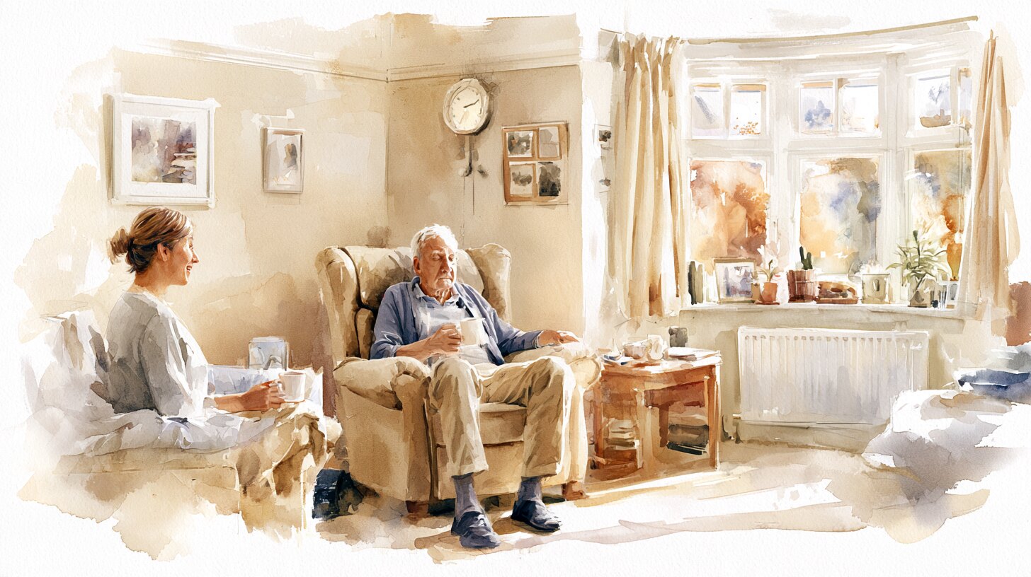 An older man sitting still in his armchair in the afternoon while a carer sits nearby with a cup of tea