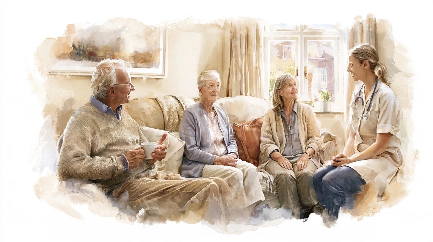 An elderly man with a slight tremor holding a cup, his wife and a carer sitting with him, in a sitting room