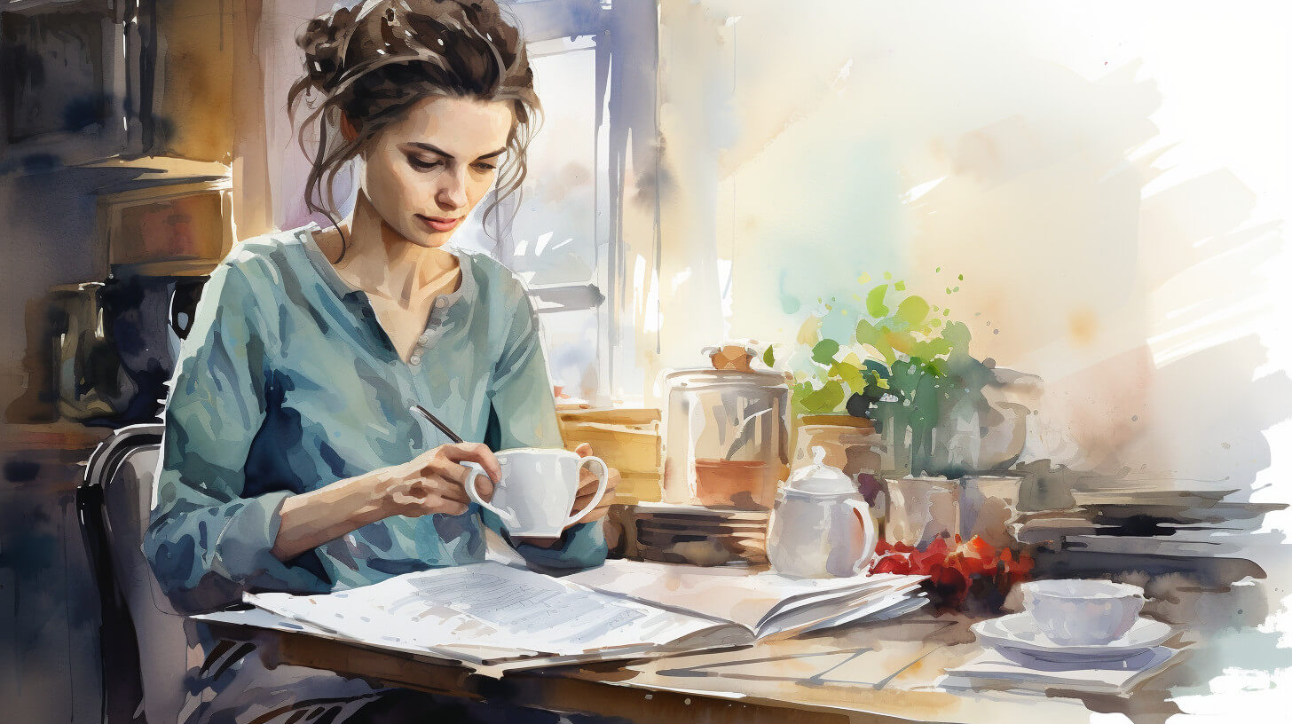 A carer sitting at a kitchen table with a cup of tea, looking over the day's notes before the next visit