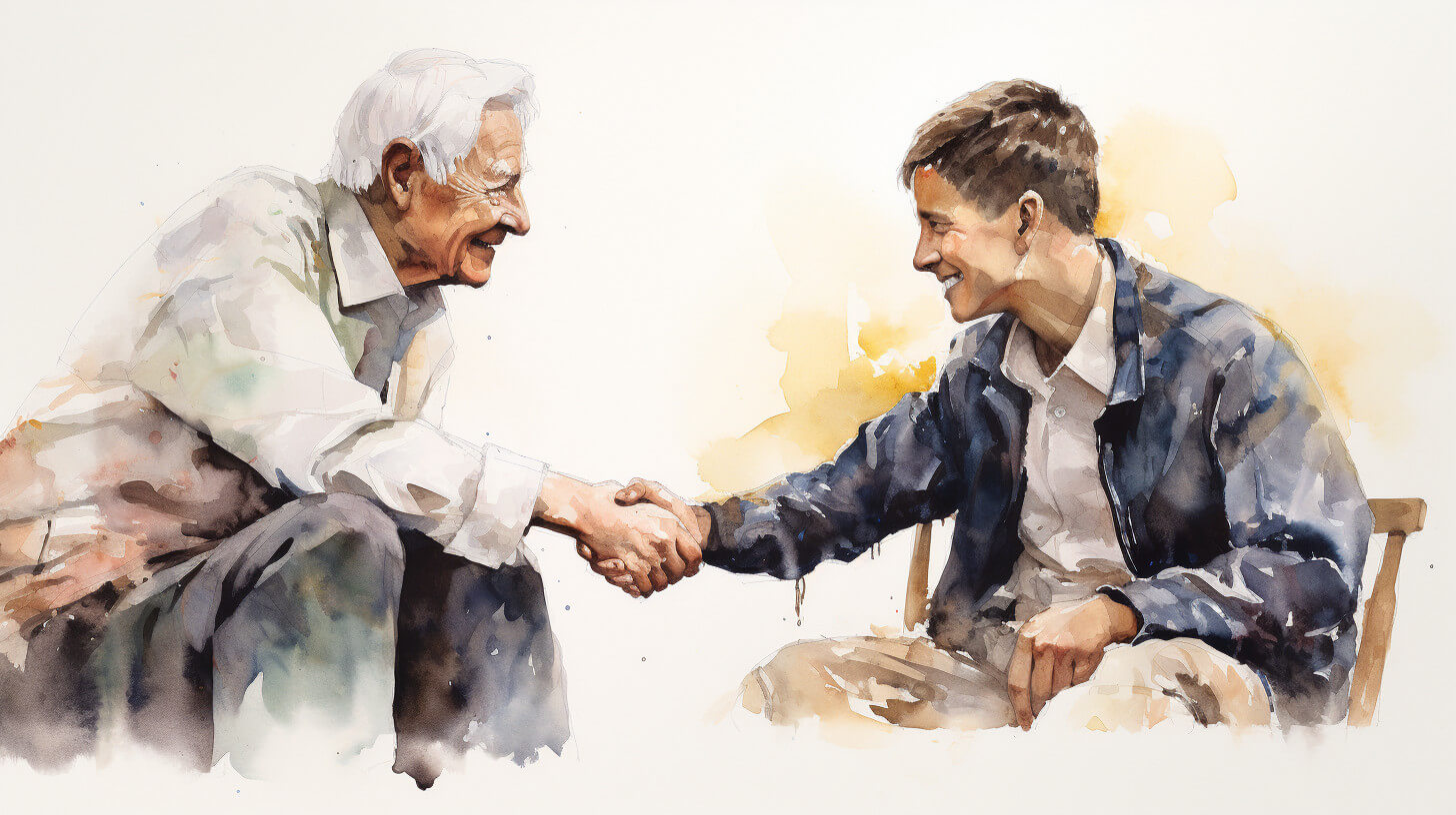 An older man and a younger man sitting face to face, shaking hands and smiling