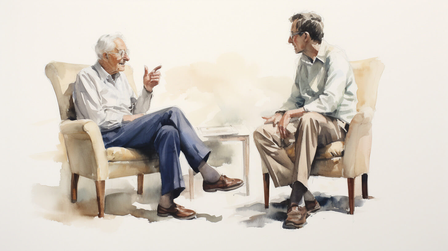 An older man and a personal carer sitting face to face in armchairs, talking and smiling