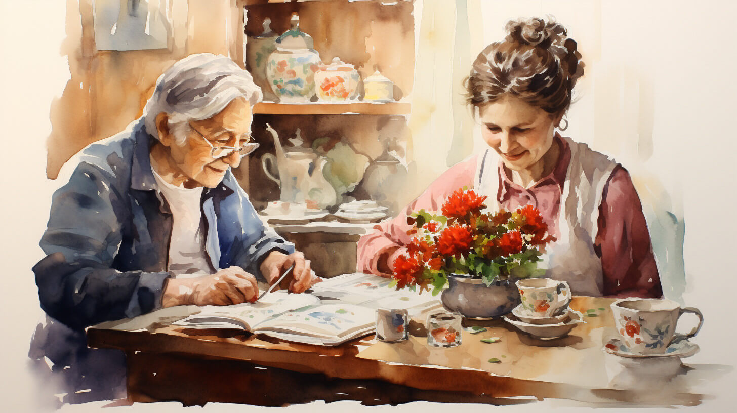 A woman helping an older relative look through a photo album at the kitchen table, tea things set out between them