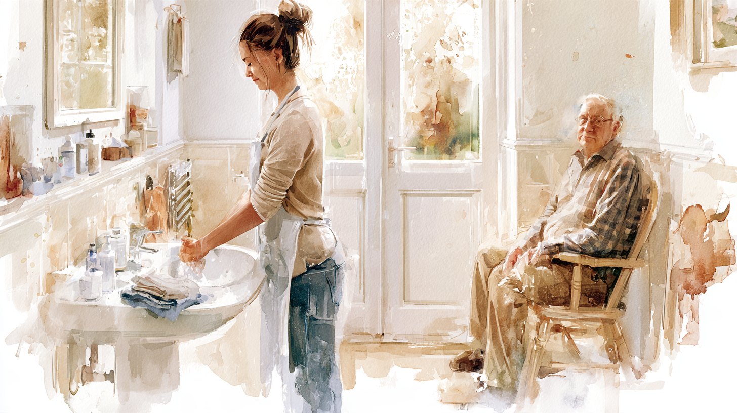 A carer washing her hands at the basin with clean supplies laid out on a folded towel, an elderly man seated by the door