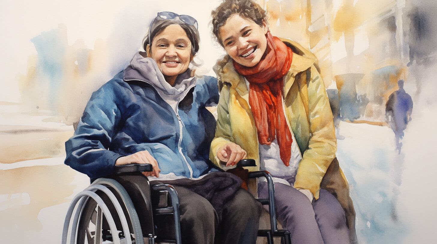 A woman in a wheelchair and a younger woman smiling together outside on a city street