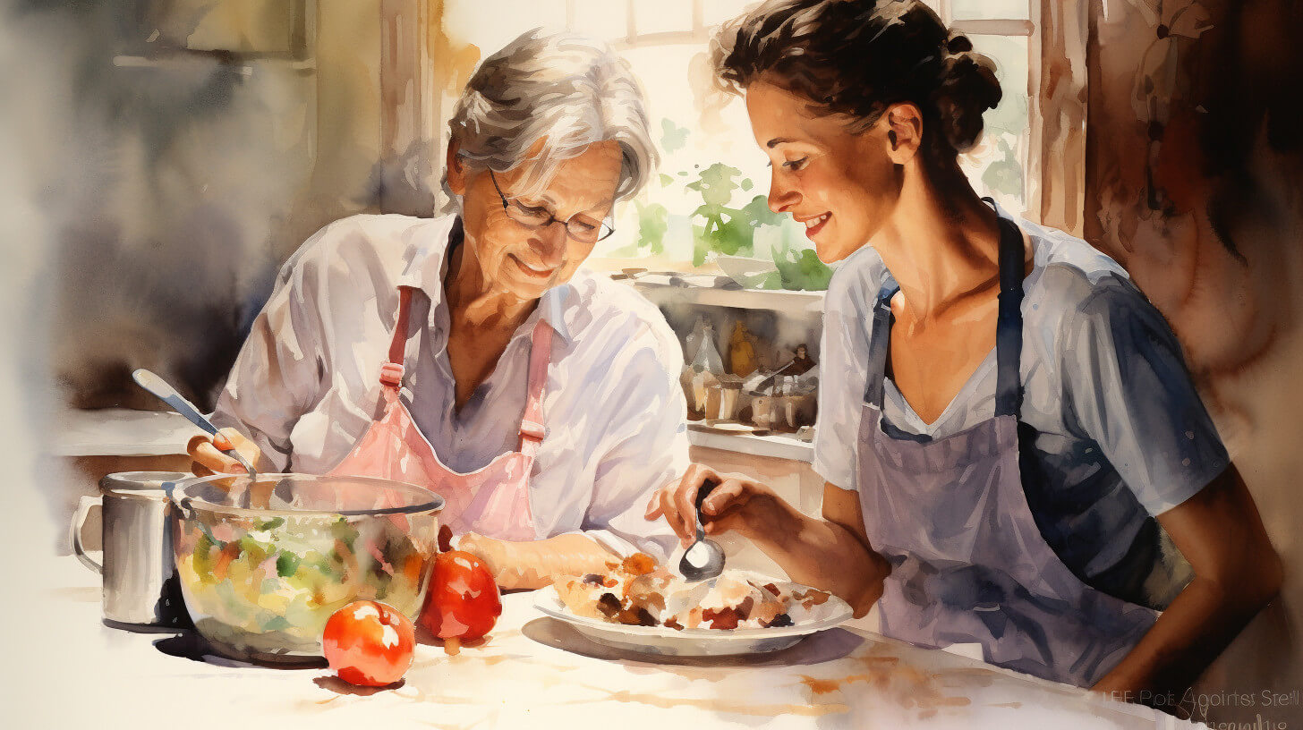 An older woman and her carer cooking together at the kitchen table, tasting a dish from a shared pot