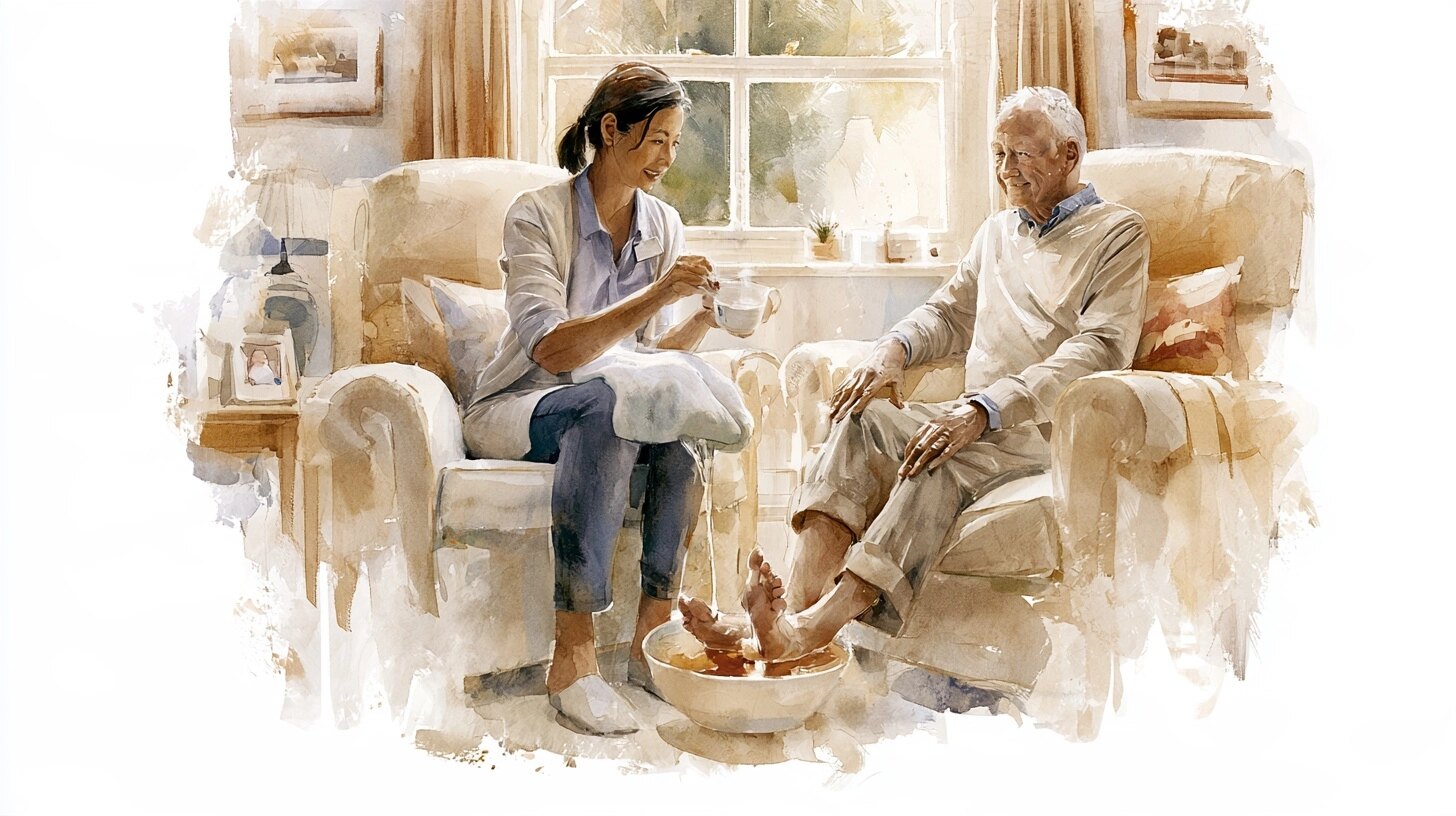 A carer soaking an elderly man's feet in a bowl of warm water, a towel on her knee, in a sitting room