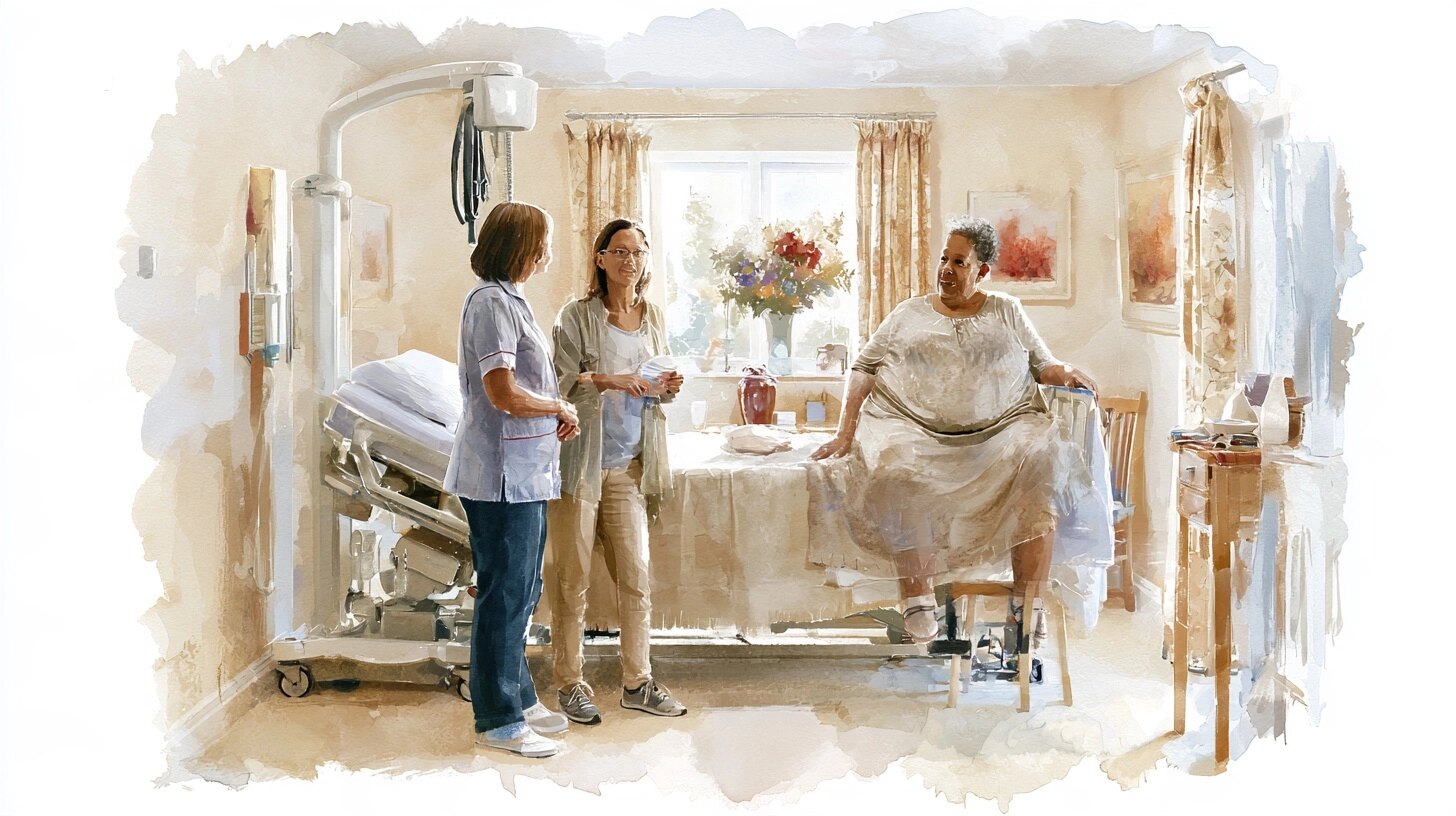 Two carers talking with a large woman sitting on the bed, in a bedroom with a wide profiling bed and a hoist