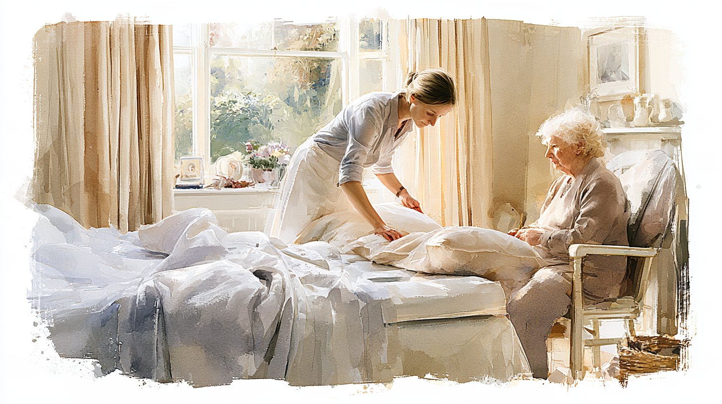 A carer smoothing a pressure-relieving mattress and repositioning the pillows while an elderly woman sits in the chair beside the bed