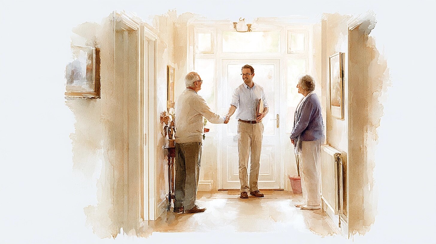 An elderly man shaking hands with a male carer at the front door, his wife watching, in a hallway