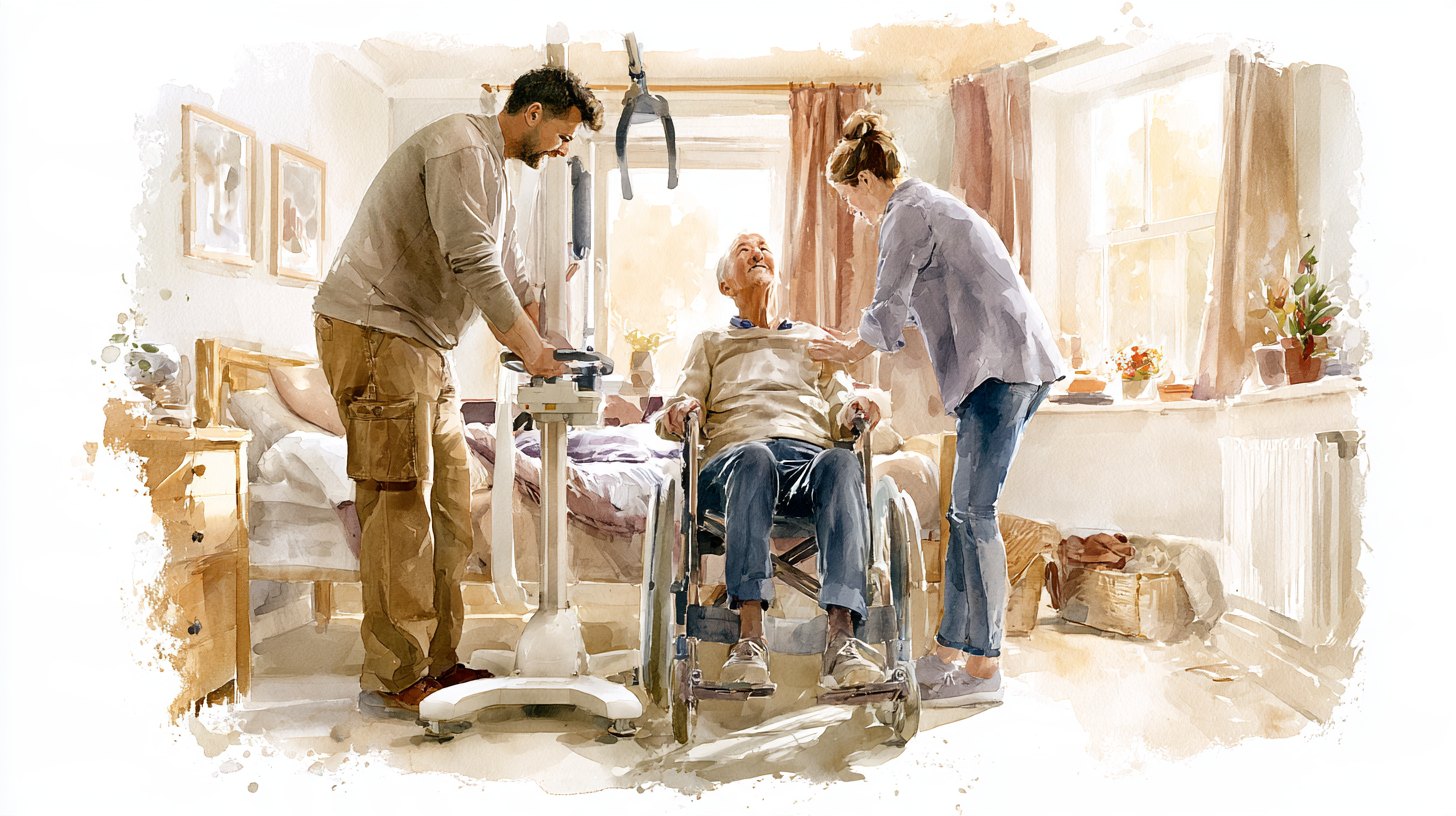 Two carers either side of an elderly man, helping him from the bed into a wheelchair, a hoist standing at the foot of the bed