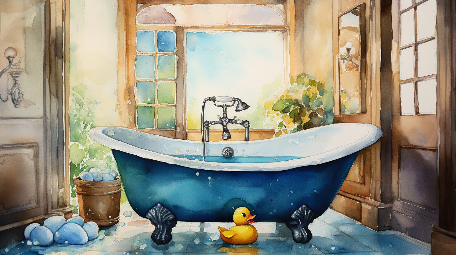 A watercolour of a full bath with bubbles and a rubber duck on the tiled floor beside it, in a sunlit bathroom