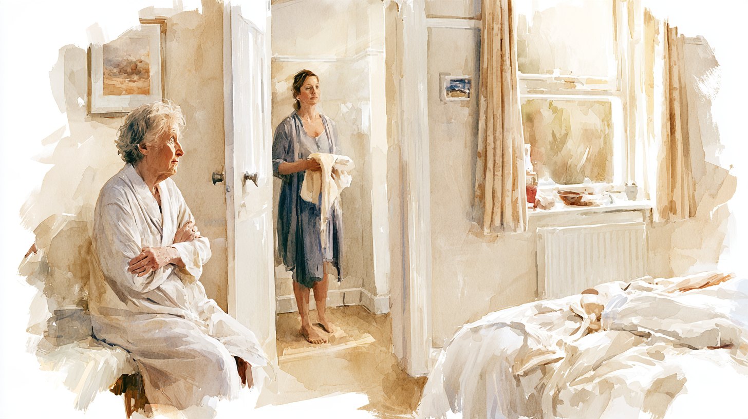 An elderly woman sitting on the end of her bed in her dressing gown with her arms folded, her daughter waiting in the doorway with a towel
