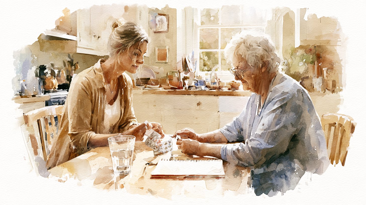 A carer and an elderly woman at a kitchen table checking a blister pack of medicines together, a glass of water and a notebook between them