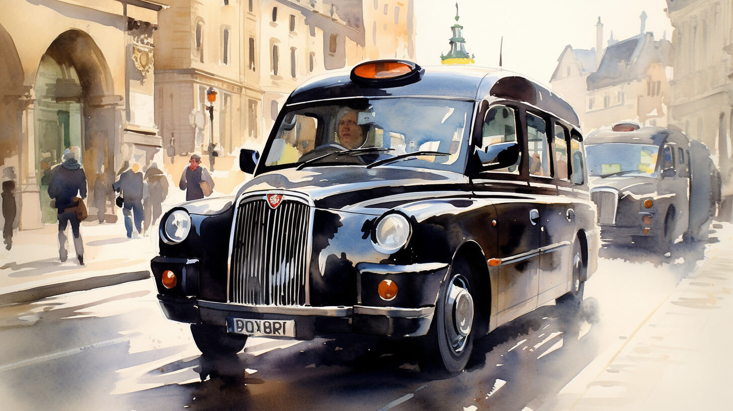A black London taxi driving down a city street with the driver at the wheel and another taxi following behind