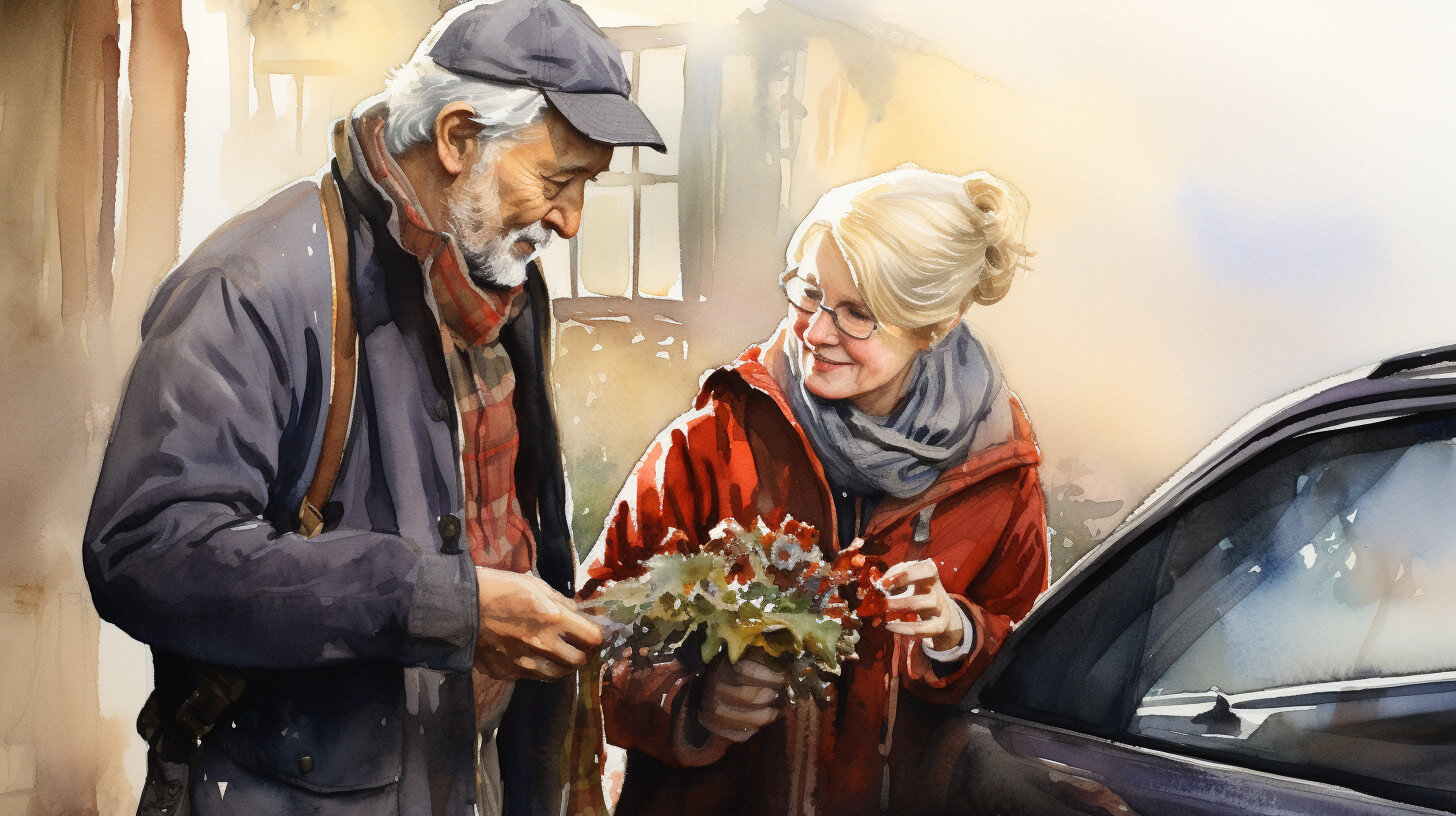 An older man and a woman standing beside an open car door, pausing together to look at a bunch of flowers he is holding