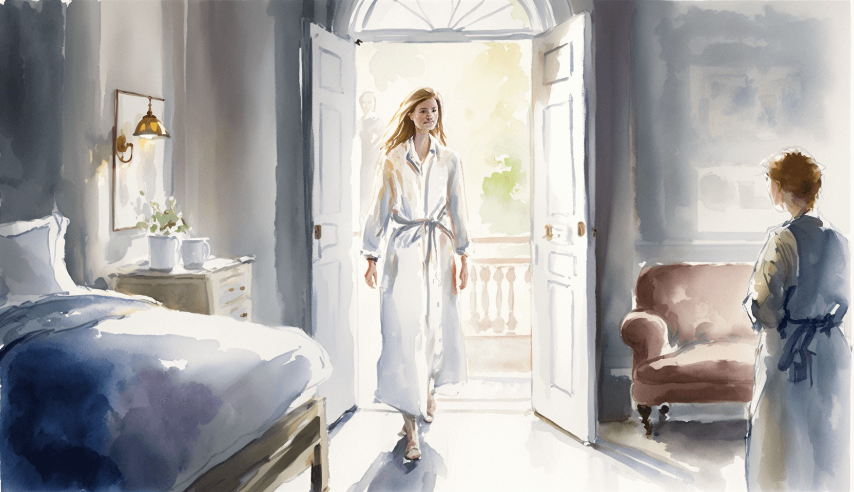 A woman walks steadily across a bright bedroom towards the door while another woman looks on
