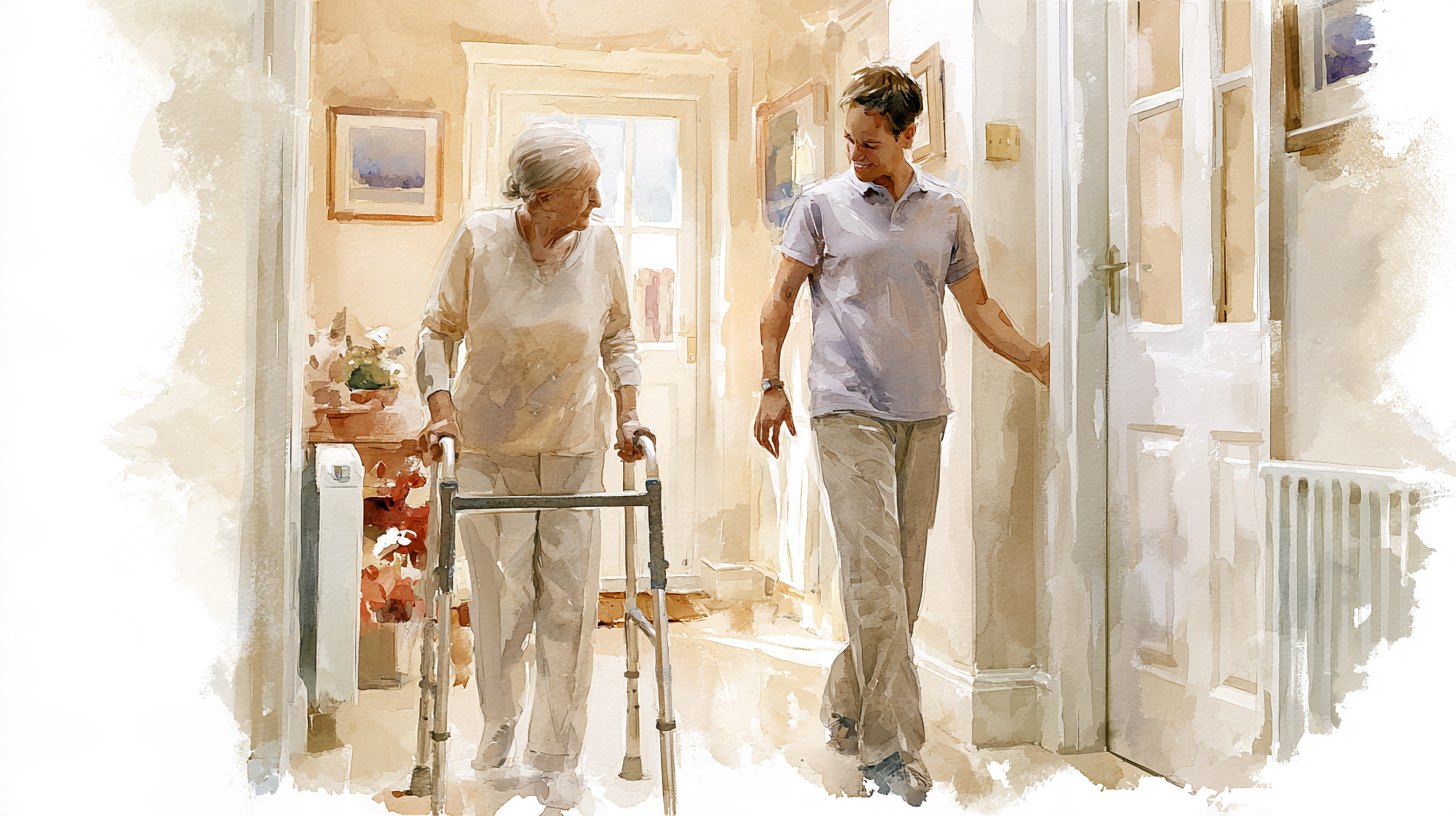 An elderly woman practising walking with a frame along her hallway, a physiotherapist beside her