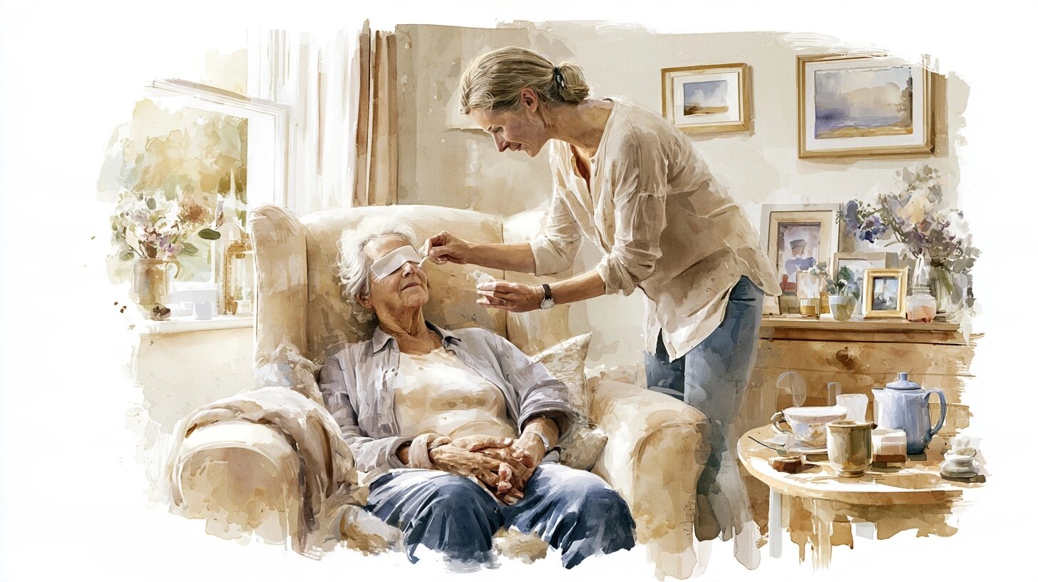 An elderly woman with an eye shield resting in an armchair, a carer putting in eye drops, in a sitting room