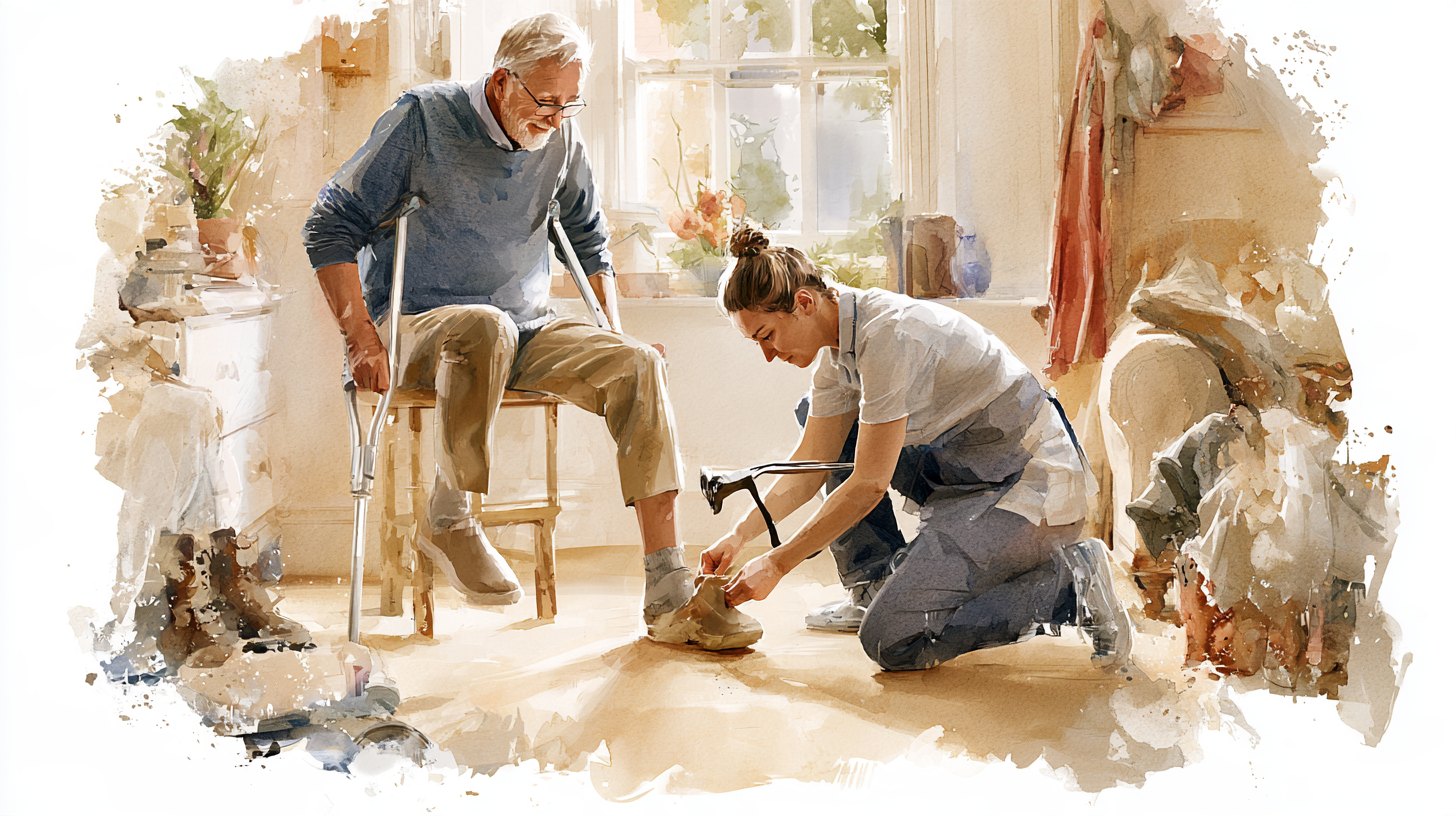 An elderly man with crutches sitting on a high chair while a carer kneels to help him put on a slipper with a long-handled shoe horn