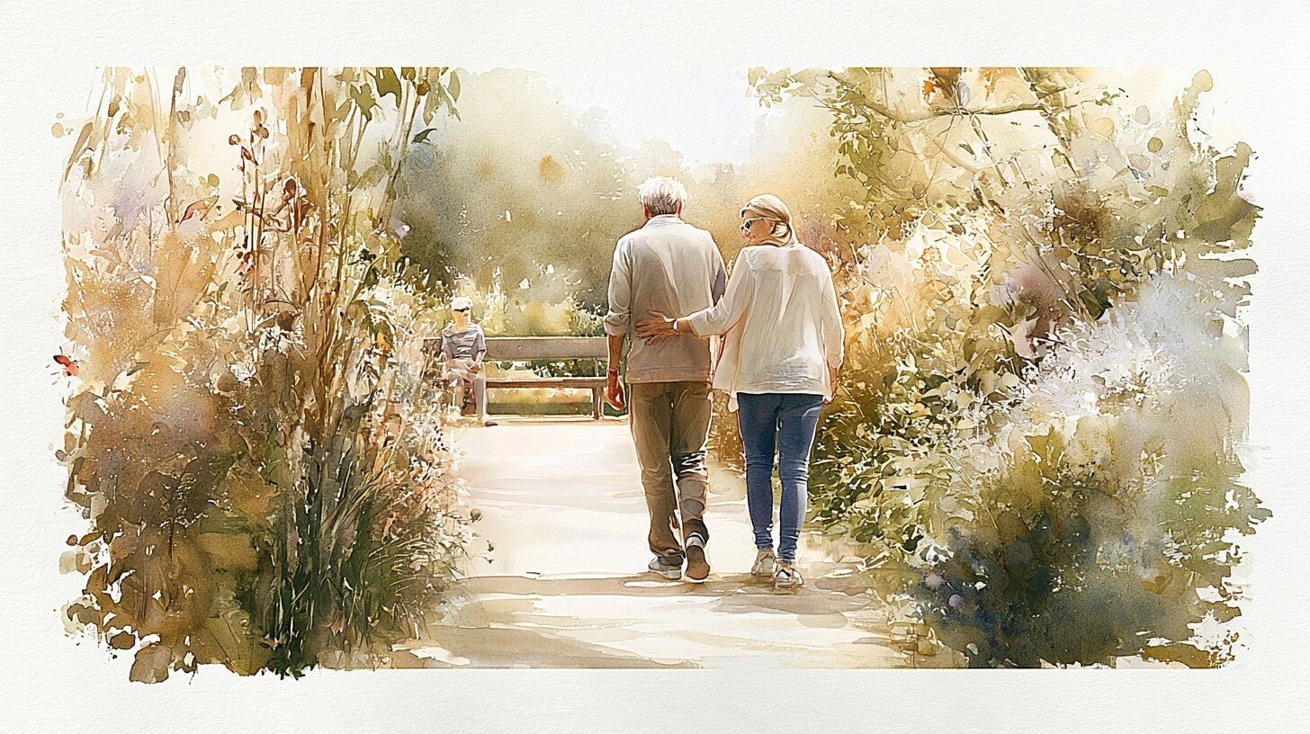An elderly man walking slowly with his wife holding his arm, a bench ahead, on a garden path