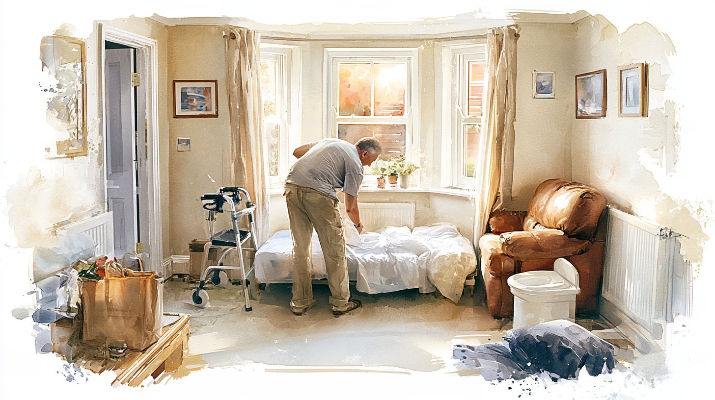 A man making up a single bed in a downstairs room, a walking frame and commode beside it and a bag of shopping on the table
