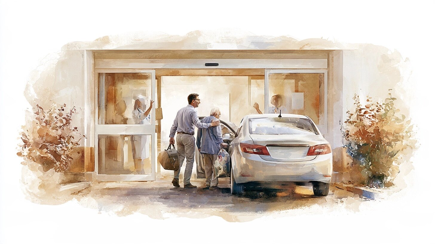 A middle-aged son helping his elderly father into a car with a bag of belongings, a nurse waving from the doors, in a hospital entrance