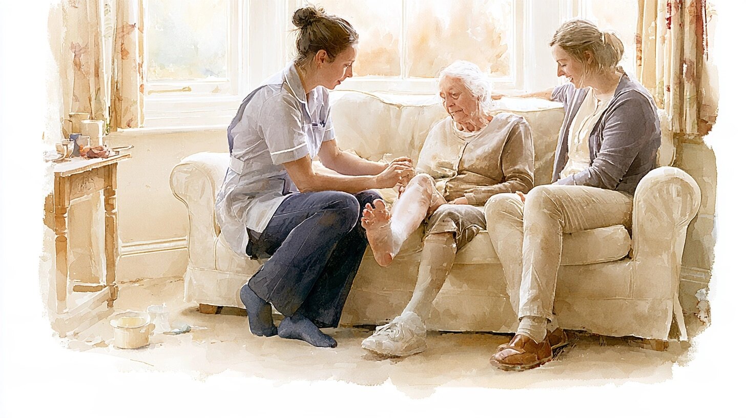 A community nurse in a tunic dressing an elderly woman's leg while a carer watches, in a sitting room