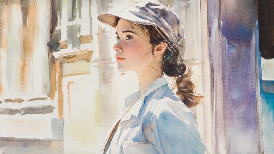 A carer in a cap and uniform standing in a doorway, looking out