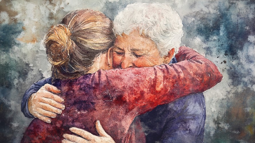 A close, warm embrace between two women, one older and one younger, cheek resting on shoulder