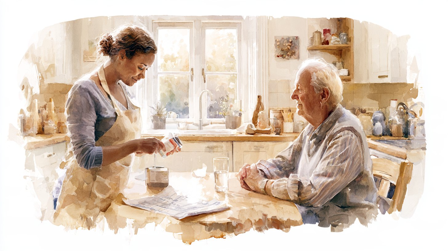 A carer reading the label on a medicine box while an elderly man waits at the kitchen table with a glass of water