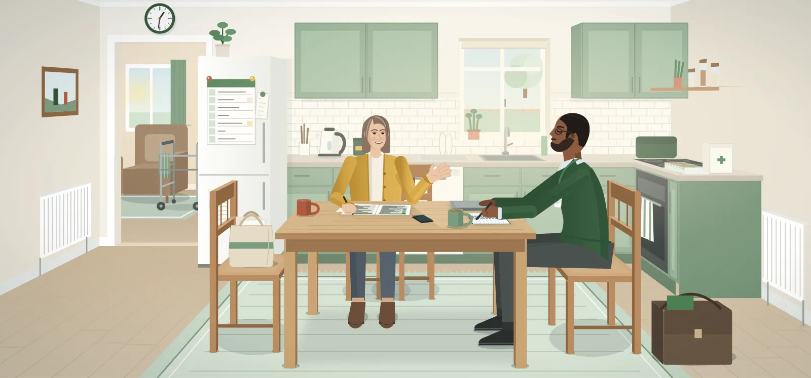 A woman talks at her kitchen table with a council assessor who takes notes, while through the doorway behind them her mother's armchair and walking frame can be seen