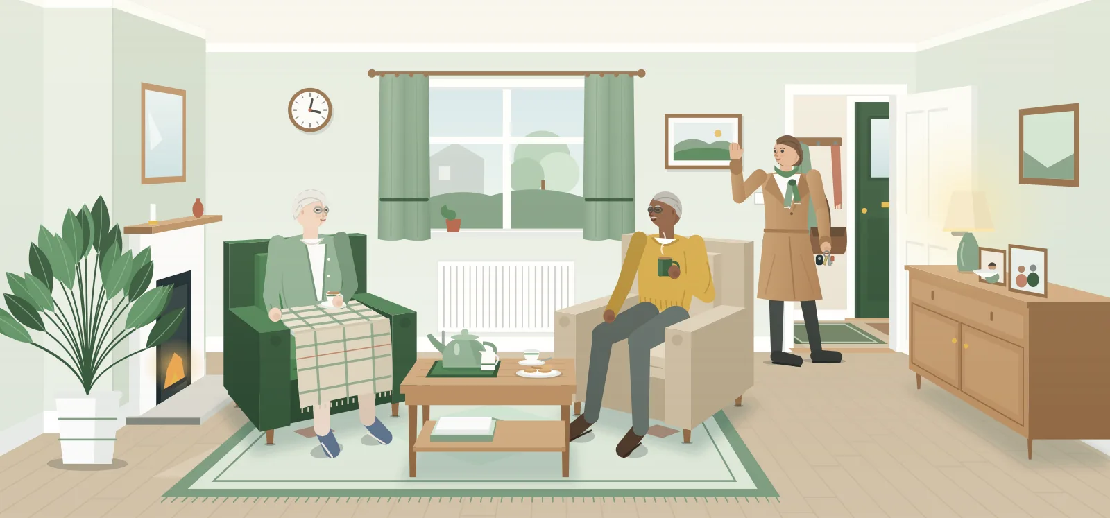 A living room with two older women in armchairs sharing a pot of tea, while a younger woman in her coat waves goodbye from the doorway on her way out