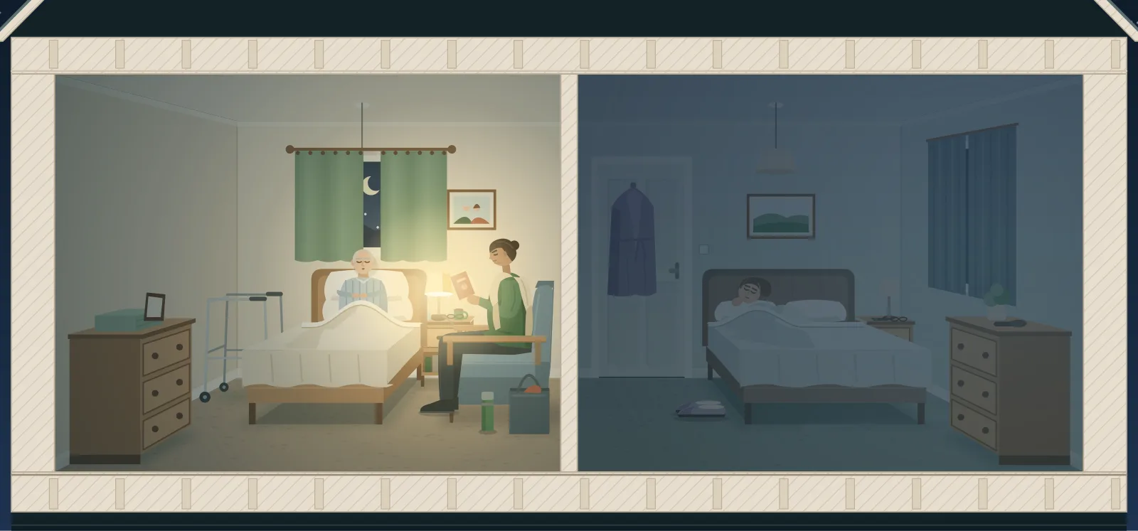The upstairs of a house at night, shown cut open: on the left an older woman asleep in bed while a carer reads beside her by lamplight, and on the right the family carer asleep in her own dark room